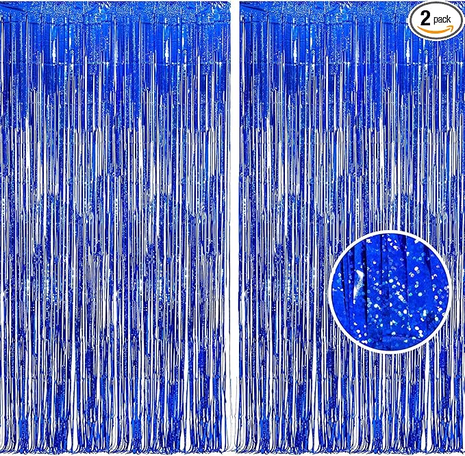 BRAVESHINE Blue Tinsel Foil Fringe Curtains - 2Pcs 3.2x8.2 ft