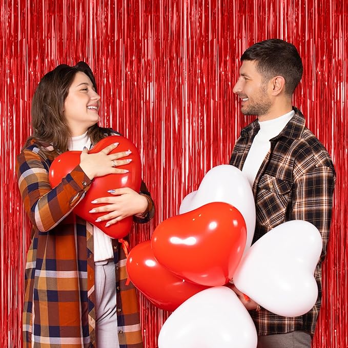 2 Pack Red Tinsel Backdrop, 3.28 FT x 7.05 FT Fringe Curtains, Red