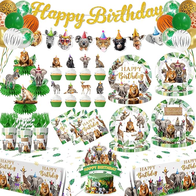 Safari Themed Party Decorations Tableware 198pcs Jungle Plates and