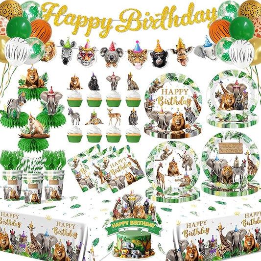 Safari Themed Party Decorations Tableware 198pcs Jungle Plates and