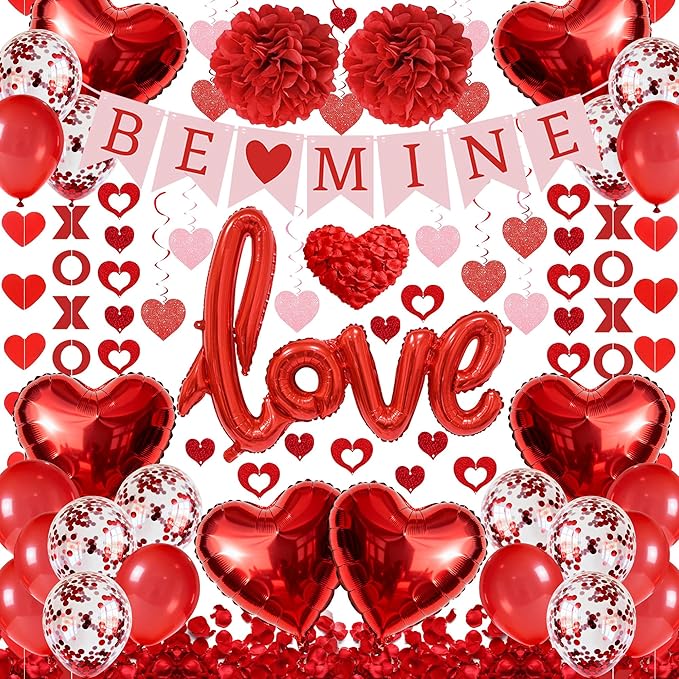 67Pcs Red Valentine's Day Decoration Set BE MINE Banner Foil Love