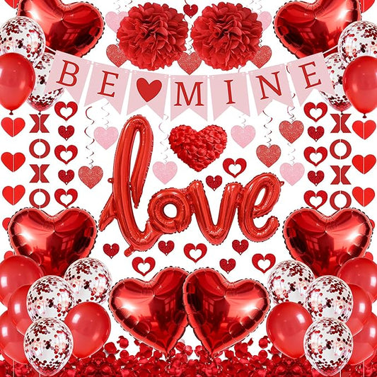 67Pcs Red Valentine's Day Decoration Set BE MINE Banner Foil Love