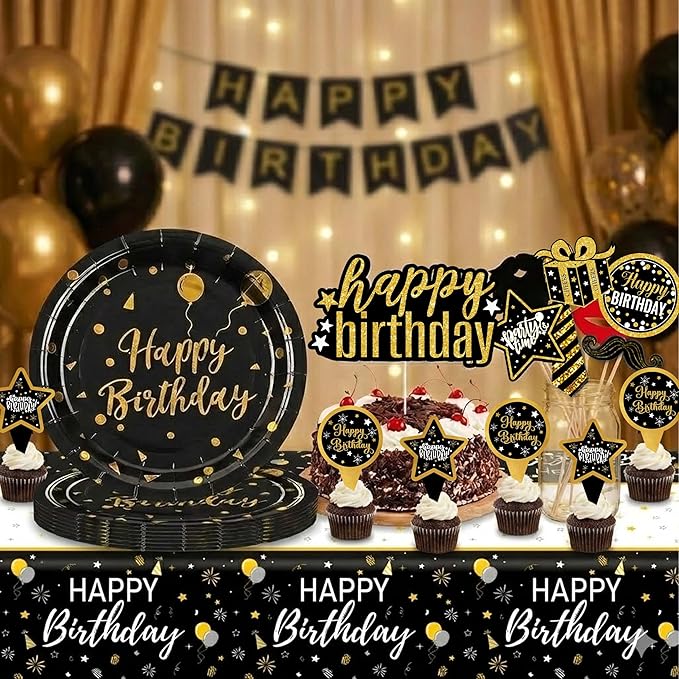 Black and Gold Birthday Decorations Party Supplies Kit with