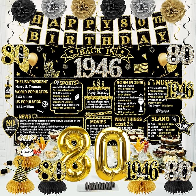 80th Birthday Decorations for Men Women 21pcs the Year 1946 Banner