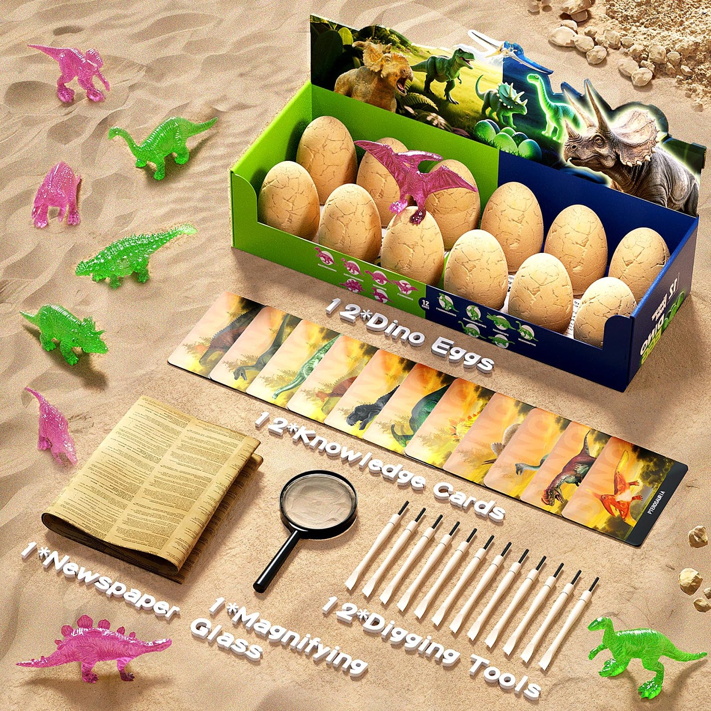 12 Glow in The Dark Dinosaur Eggs, Dig Kit Toys for Kids, Dinosaur