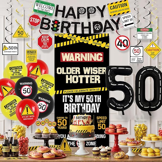 50th Birthday Decorations Men Women Caution Logos Happy 50th