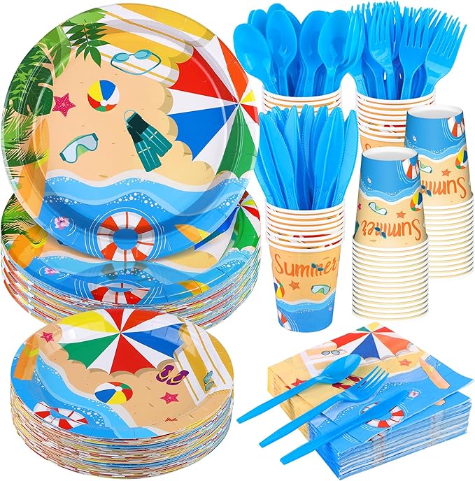 ADXCO 192 Piece Summer Pool Party Tableware Set Including Plates