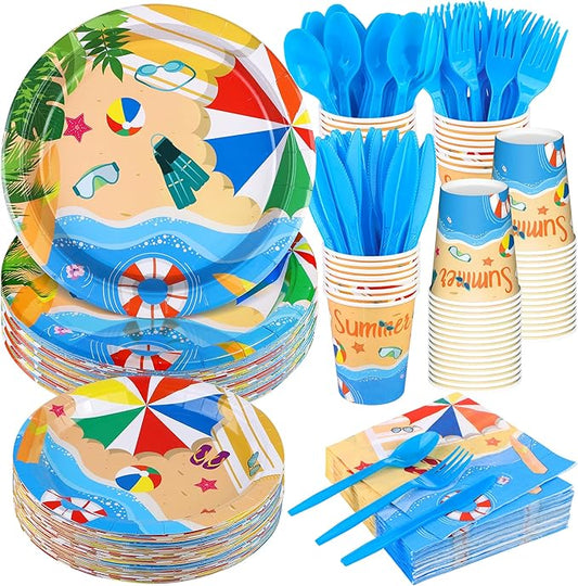 ADXCO 192 Piece Summer Pool Party Tableware Set Including Plates