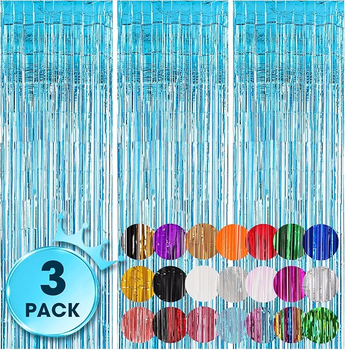 Voircoloria 3 Pack 3.3x8.2 Feet Light Blue Foil Fringe Backdrop