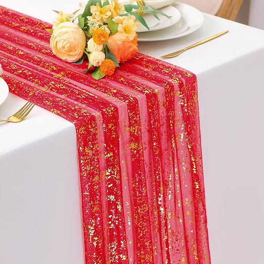 Snowkingdom Red Gold Table Runner Gauze 10FT Sparkly Sequin Glitter