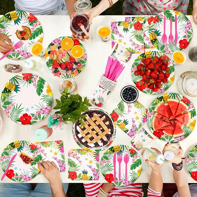 Pink Tropical Luau Party Tableware Supplies 168PCS Hawaiian Plates