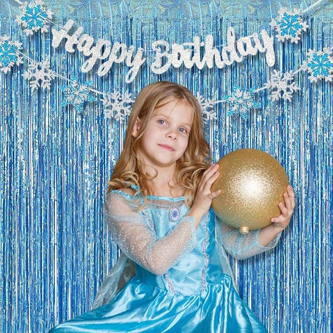 BRAVESHINE Light Blue Tinsel Foil Fringe Curtains - 2Pcs 3.2x8.2 ft