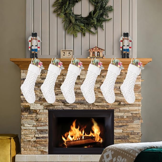 Christmas Stockings, 18 Inch White Cable Knitted Stockings for Xmas