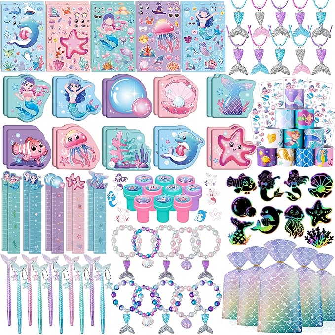 110Pcs Mermaid Party Favors Including Stampers Notebooks Mermaid