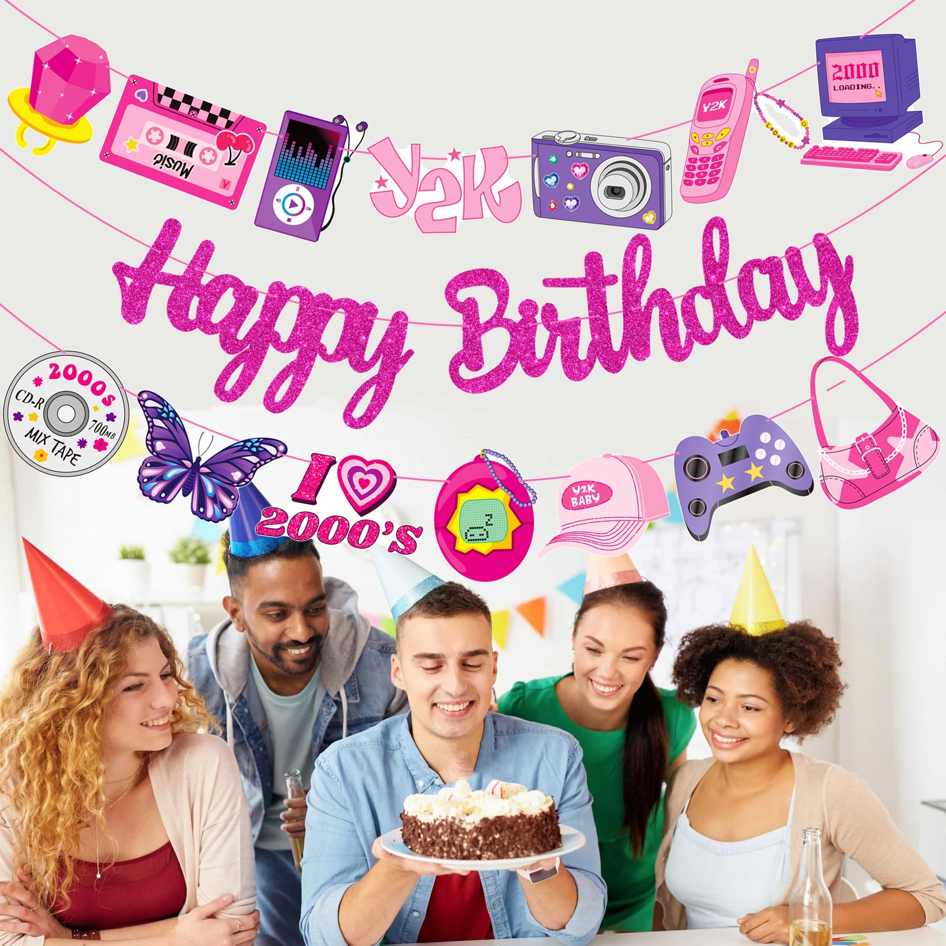 3pcs Y2K Birthday Party Banners 2000s Pink Birthday Party Decorations