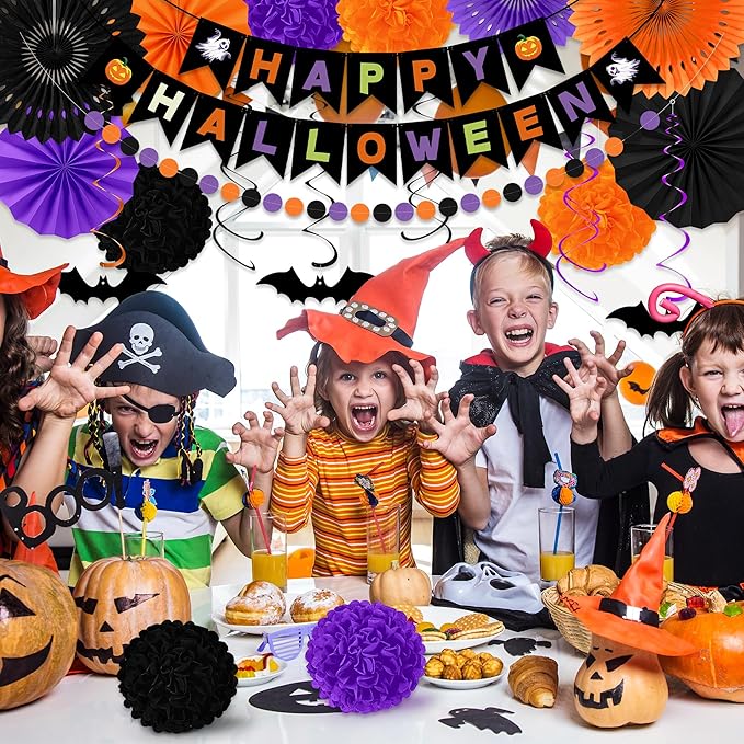 26PCS Halloween Party Decorations Purple Black Orange Paper Fans Set