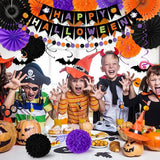 26PCS Halloween Party Decorations Purple Black Orange Paper Fans Set