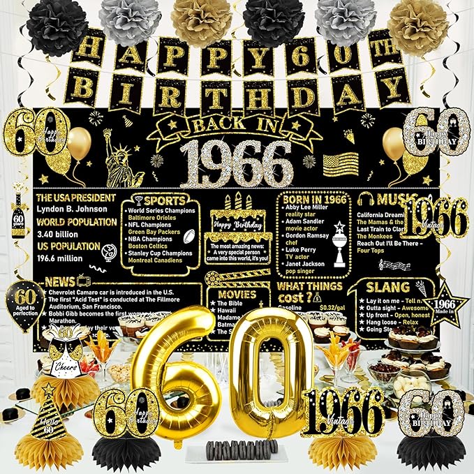 60th Birthday Decorations for Men Women 21pcs the Year 1966 Banner