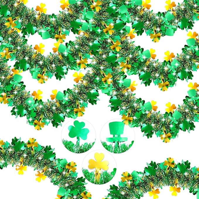 50FT St Patrick's Day Tinsel Garland Green Gold Shamrock Hat Tinsel