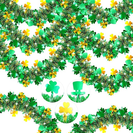 50FT St Patrick's Day Tinsel Garland Green Gold Shamrock Hat Tinsel