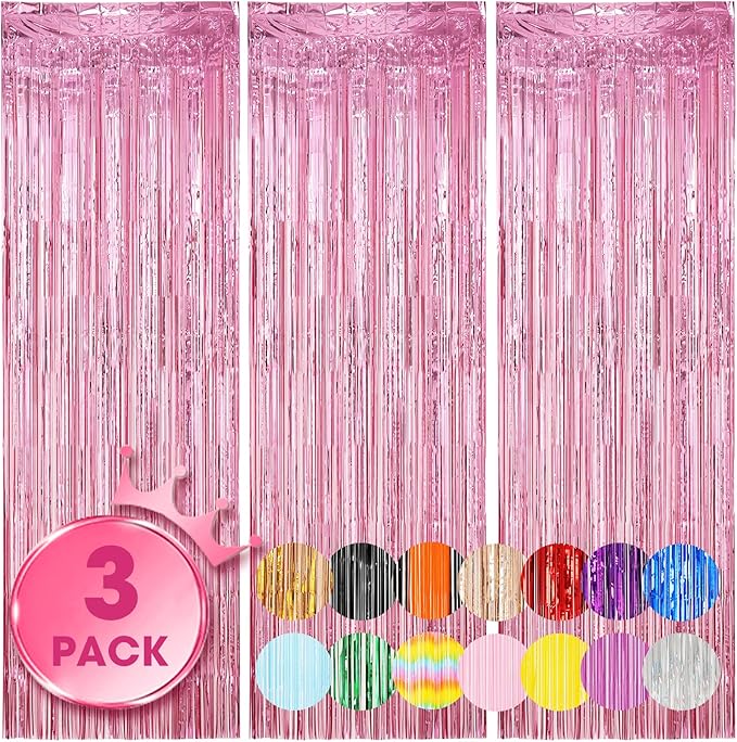 Voircoloria 3 Pack 3.3 x 8.2 ft Light Pink Foil Fringe Backdrop