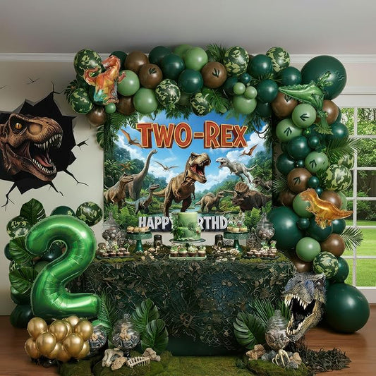 TWO Rex Dinosaur Birthday Decorations include Hunter Green Brown