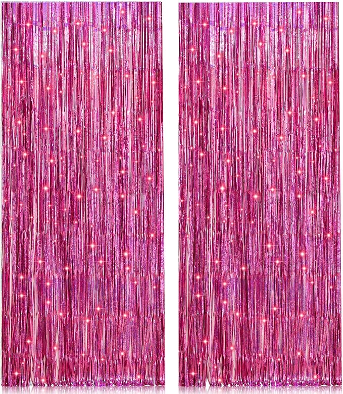 2 Pack 3.2ft x 8.2ft Pink Metallic Tinsel Foil Fringe Curtains