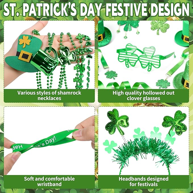 220 Pack St Patricks Day Accessories Shamrock Glasses Necklaces