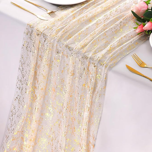Snowkingdom 10 Ft Gold Table Runner, Sheer Gauze Chiffon Tulle
