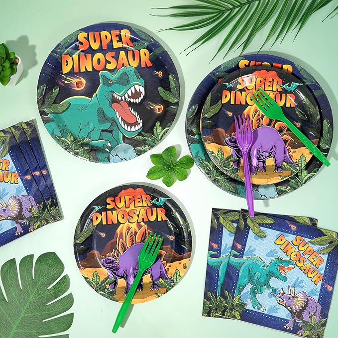 96 Pcs Super Dinosaur Plates and Napkins for Dinosaur Birthday Party