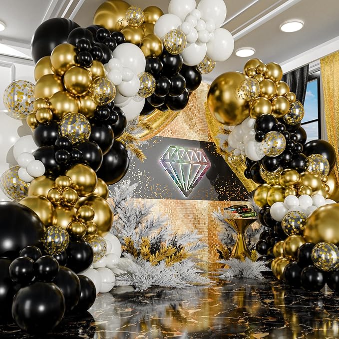 ALL-IN-1 Black White Gold Balloons Garland Kit & Arch – Small and