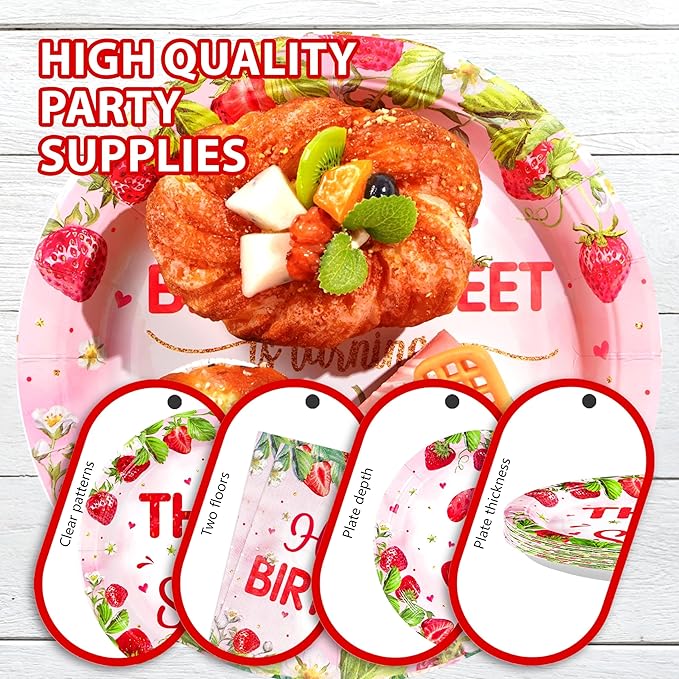 96Pcs Strawberry 3rd Birthday Party Supplies Three is So Sweet