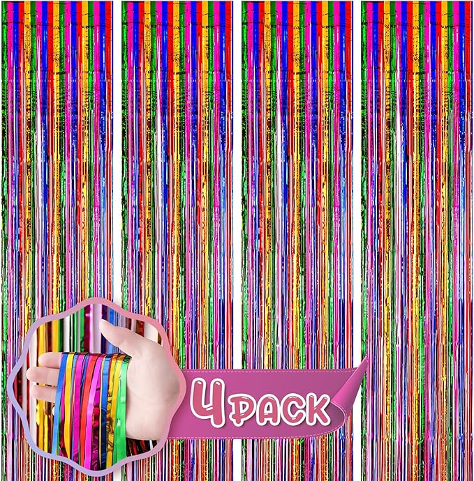 Voircoloria 4 Pack 3.3x8.2 Feet Rainbow Foil Fringe Backdrop