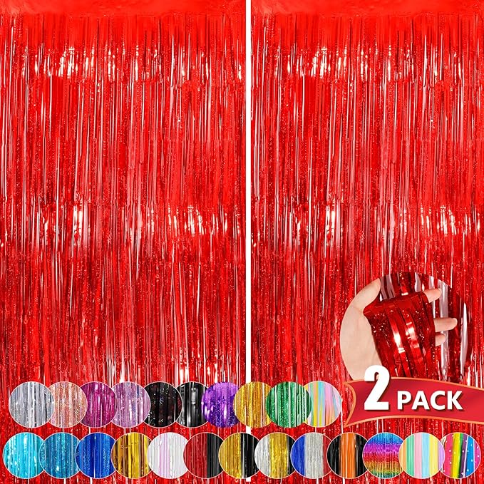 Red Metallic Tinsel Foil Fringe Curtains, 2 Pack 3.3x8.3 Feet Party