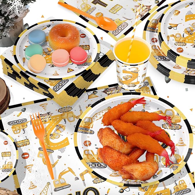 201pcs Construction 2nd Birthday Party Decorations 2nd Plates