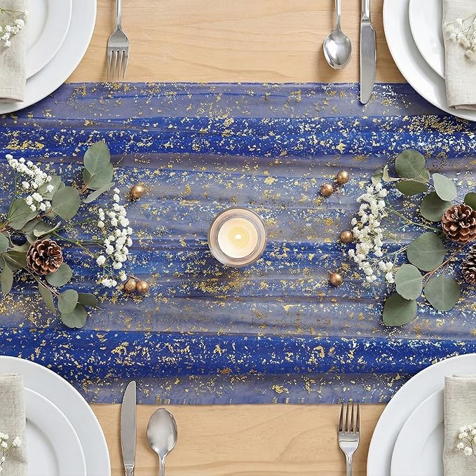 Artoid Mode Blue Gold Gauze Table Runner 59x120 Inch 10FT, Glitter