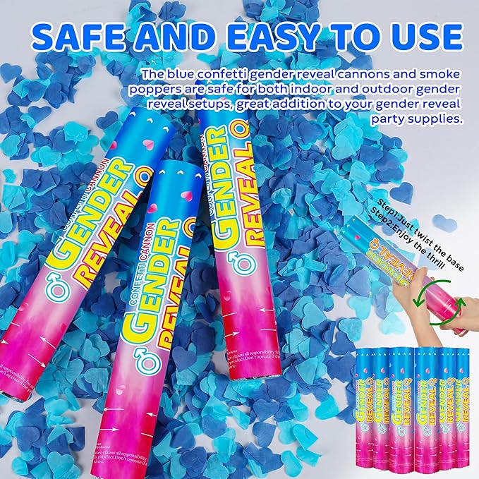 Gender Reveal Confetti Cannons – 6 Pack Blue Party Poppers – Baby Boy