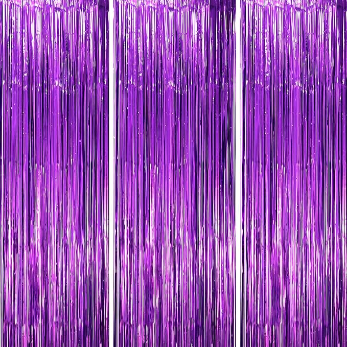 Voircoloria 3 Pack 3.3x8.2 Feet Purple Foil Fringe Backdrop Curtains,