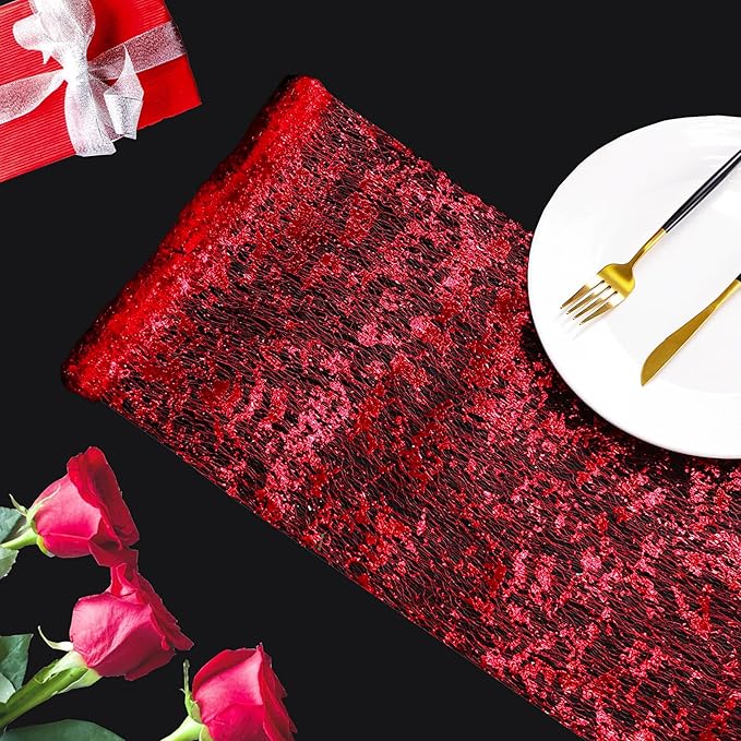 Snowkingdom Red Sparkly Table Runner Sequin Glitter Metallic Foil