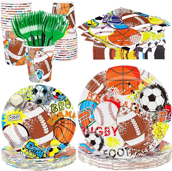 144 Pieces Sports Themed Paper Plates and Napkins Dinnerware Set
