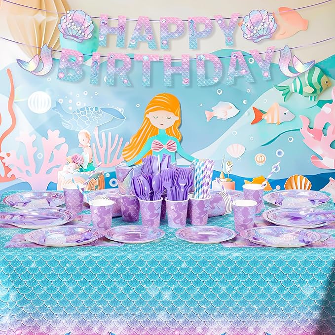 195Pcs Mermaid Birthday Party Decorations with Happy Birthday Banner