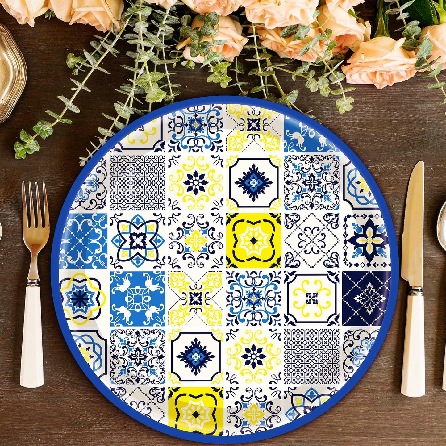 50PCS Capri Lemon Party Supplies 7"Capri Lemon Paper Plates Blue Tiles