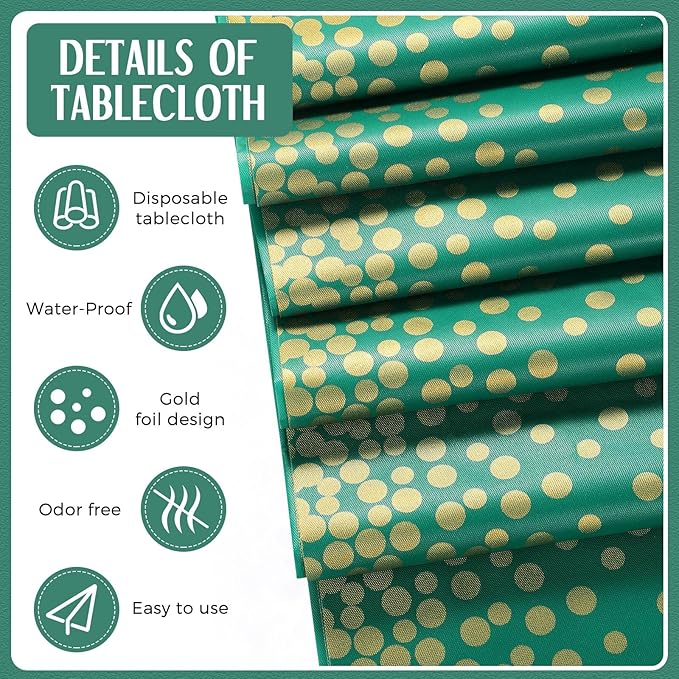 Breling 24 Pack Green and Gold Disposable Plastic Tablecloths and