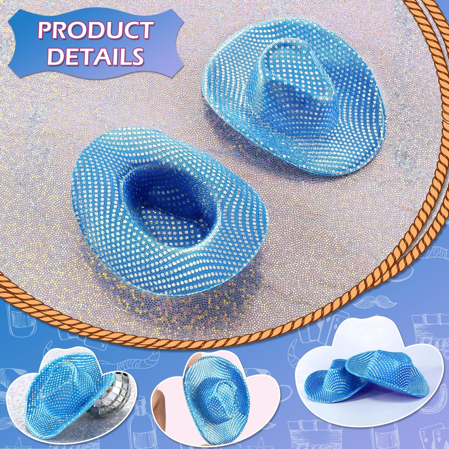 Sotiff 12 Pcs Mini Cowboy Hat Tiny Disco Glitter Hats for Crafts Blue