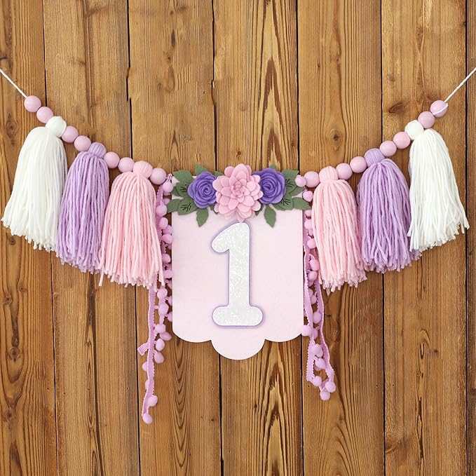 Handmade Wildflower 1st Birthday High Chair Banner Purple Pink