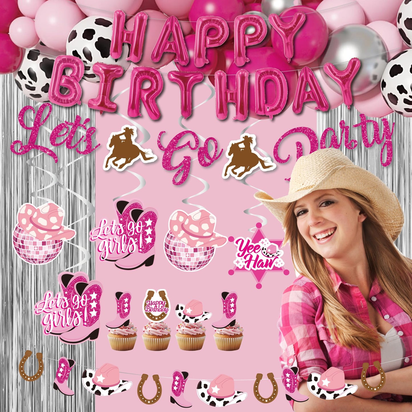 Disco Cowgirl Birthday Party Decorations - 105PCS Pink Decorations