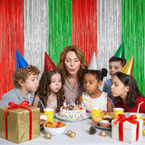 2 Pack Christmas Backdrop, Red Silver Green Party Streamer, Metallic