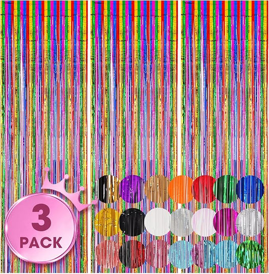 Voircoloria 3 Pack 3.3x8.2 Feet Rainbow Foil Fringe Backdrop