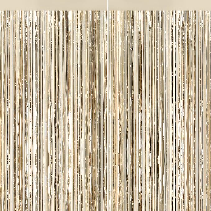 2Pack Champagne Gold Foil Fringe Backdrop Curtains, Tinsel Door