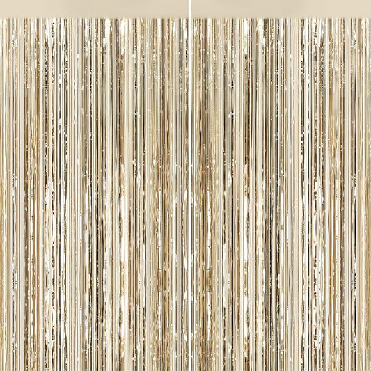 2Pack Champagne Gold Foil Fringe Backdrop Curtains, Tinsel Door